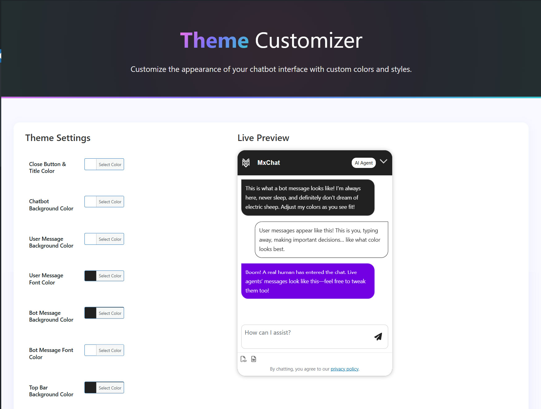 MxChat Theme Customizer